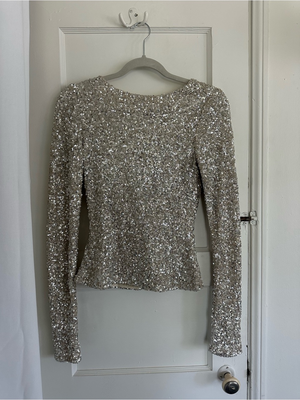 Free People Silver Sequin Long-Sleeve Top